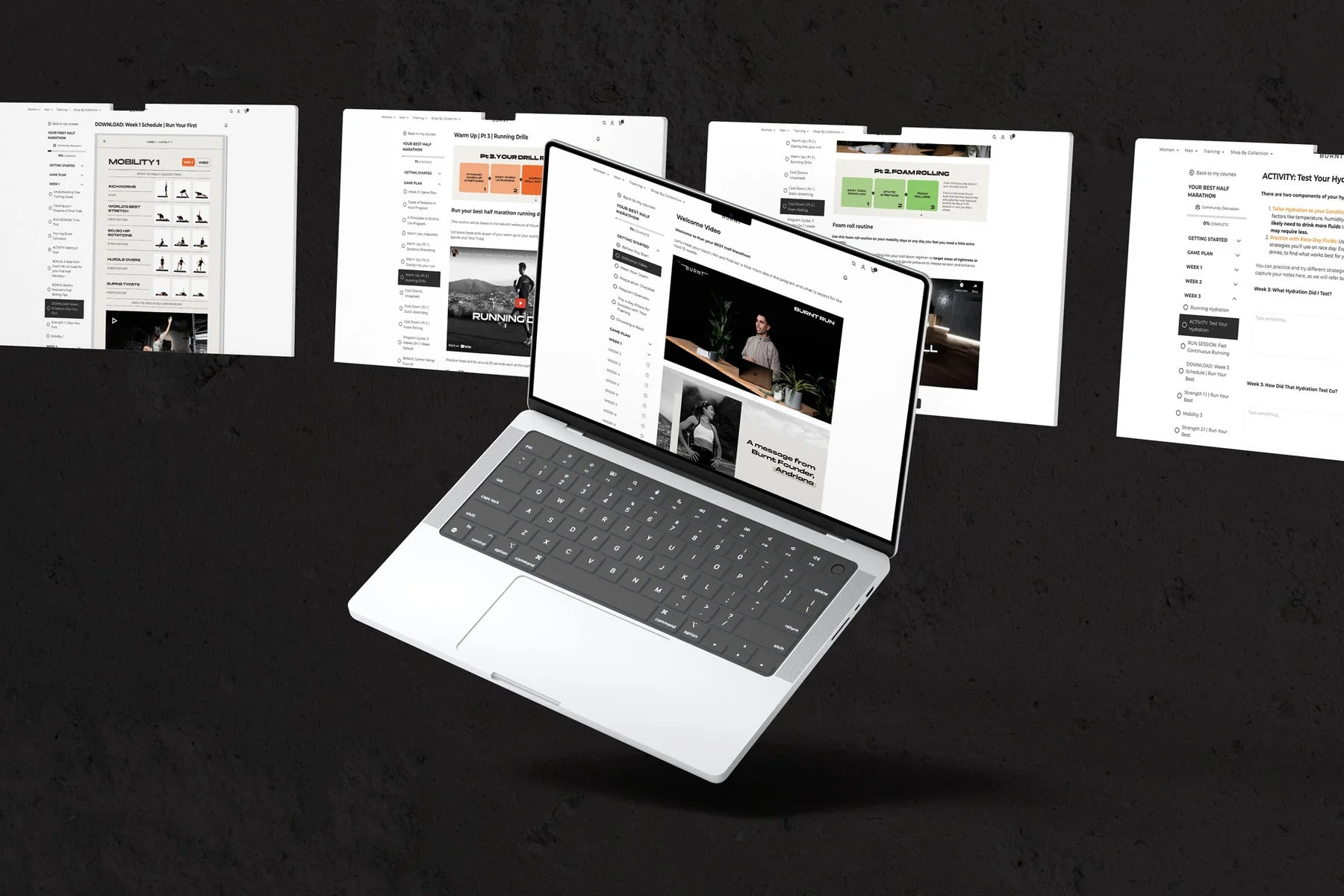 Educational tips and lessons for runners on laptop screens from the Advanced Half Marathon Program. Displaying stretch sessions, running drills, foam rolling and hydration lessons.
