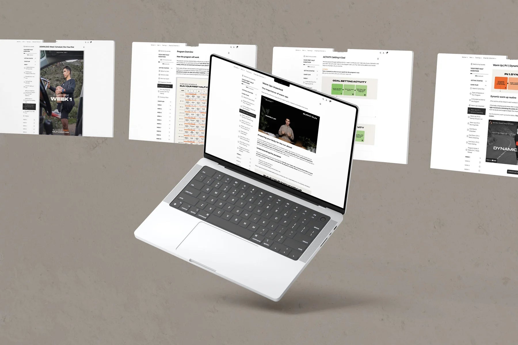 Educational tips and lessons for runners on laptop screens from the Beginner Half Marathon Program.