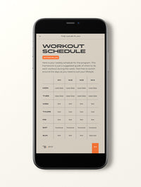 On the Move' weekly workout schedule, showing 4 weekly sessions: ‘lower body/core’, ‘upper body/core’, ‘full core’, and ‘cardio’.